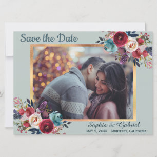 Burgundy Navy Floral op Mint Green Save the Date