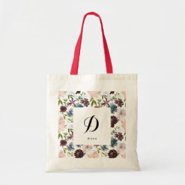 Burgundy Navy Floral Pattern Custom Name Initiaal Tote Bag