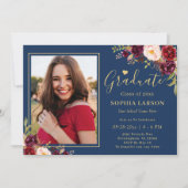 Burgundy Navy Floral Photo Afstuderen Celebration Kaart (Voorkant)