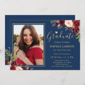Burgundy Navy Floral Photo Afstuderen Celebration Kaart (Voorkant / Achterkant)
