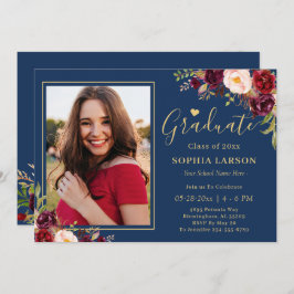 Burgundy Navy Floral Photo Afstuderen Celebration Kaart