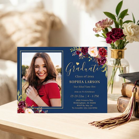 Burgundy Navy Floral Photo Afstuderen Celebration Kaart