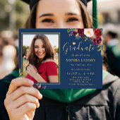 Burgundy Navy Floral Photo Afstuderen Celebration Kaart