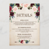 Burgundy Navy Floral Rustic Boho Country Weddensch Informatiekaartje (Voorkant)