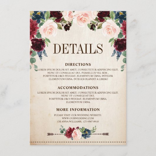 Burgundy Navy Floral Rustic Boho Country Weddensch Informatiekaartje (Voorkant)