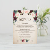 Burgundy Navy Floral Rustic Boho Country Weddensch Informatiekaartje (Staand voorkant)