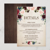 Burgundy Navy Floral Rustic Boho Country Weddensch Informatiekaartje (Voorkant / Achterkant)