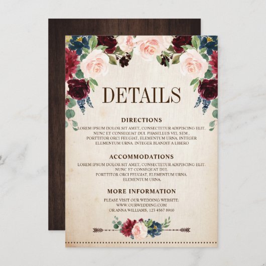 Burgundy Navy Floral Rustic Boho Country Weddensch Informatiekaartje (Voorkant / Achterkant)