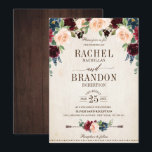 Burgundy Navy Floral Rustic Boho Country Weddensch Kaart<br><div class="desc">Waterverf bogundy red navy blush roze, koper rustic country classy floral bruiloft sjabloon met groene botanische bladeren en eucalyptusbladeren op een houten achtergrond. Dit prachtige, eenvoudig aan te passen design kan gemakkelijk worden afgestemd op uw trouwkleuren, -stijlen en -thema en het is een perfecte keuze voor herfst midzomer- of winterbruiloften....</div>