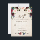 Burgundy Navy Floral Rustic Boho Country Weddensch RSVP Kaartje<br><div class="desc">Waterverf bordeaux rood marine blush roze rustiek land classy bloemenbruiloft RSVP kaart sjabloon met groen botanisch gebladerte en eucalyptus bladeren op houten achtergrond. Dit mooie gemakkelijk aan te passen ontwerp kan gemakkelijk met uw huwelijkskleuren, stijlen en thema aanpassen en het is een perfecte keus voor de herfst midzomer of de...</div>