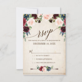 Burgundy Navy Floral Rustic Boho Country Weddensch RSVP Kaartje