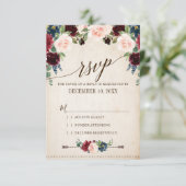 Burgundy Navy Floral Rustic Boho Country Weddensch RSVP Kaartje (Staand voorkant)