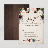 Burgundy Navy Floral Rustic Boho Country Weddensch RSVP Kaartje (Voorkant / Achterkant)