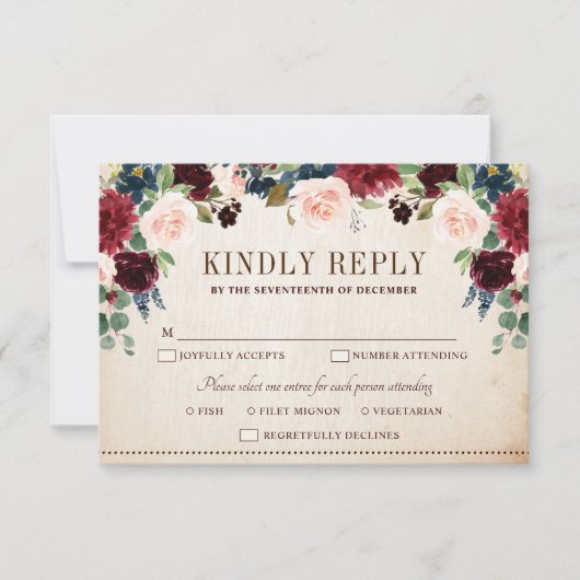 Burgundy Navy Floral Rustic Boho Country Weddensch RSVP Kaartje (Voorkant)