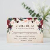 Burgundy Navy Floral Rustic Boho Country Weddensch RSVP Kaartje (Staand voorkant)