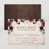 Burgundy Navy Floral Rustic Boho Country Weddensch RSVP Kaartje (Voorkant / Achterkant)