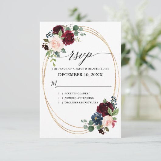 Burgundy Navy Floral Rustic Boho Country Weddensch RSVP Kaartje (Staand voorkant)