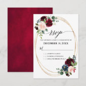 Burgundy Navy Floral Rustic Boho Country Weddensch RSVP Kaartje (Voorkant / Achterkant)
