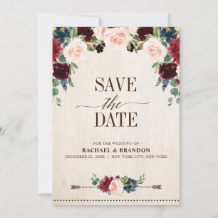 Burgundy Navy Floral Rustic Boho Country Weddensch Save The Date