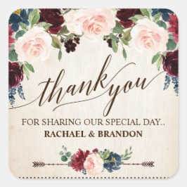 Burgundy Navy Floral Rustic Boho Country Weddensch Vierkante Sticker