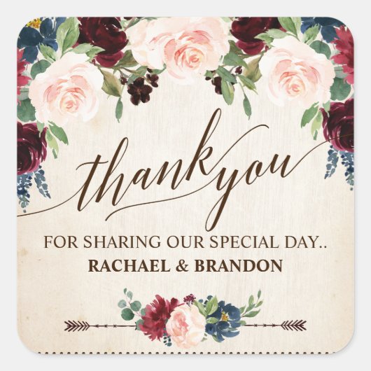Burgundy Navy Floral Rustic Boho Country Weddensch Vierkante Sticker (Voorkant)