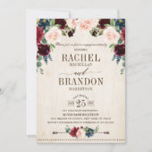 Burgundy Navy Floral Rustic Boho Engagement Party Kaart (Voorkant)