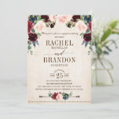 Burgundy Navy Floral Rustic Boho Engagement Party Kaart (Staand voorkant)