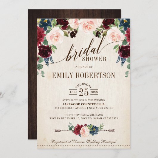 Burgundy Navy Floral Rustic Boho Vrijgezellenfeest Kaart (Voorkant / Achterkant)