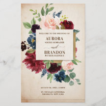 Burgundy Navy Floral Rustic Boho Wedding Programme