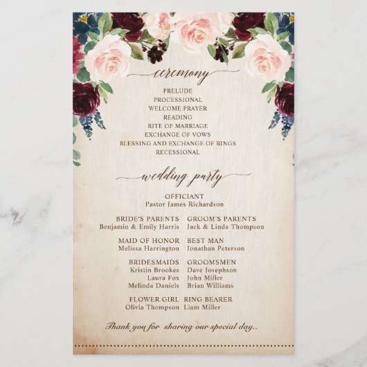 Burgundy Navy Floral Rustic Boho Wedding Programme (Achterkant)