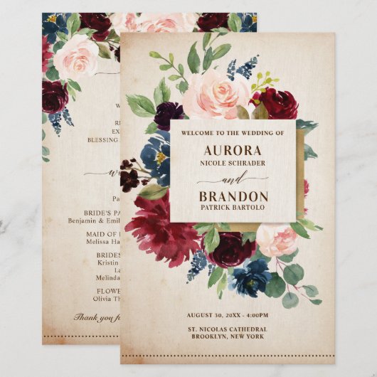 Burgundy Navy Floral Rustic Boho Wedding Programme (Voorkant / Achterkant)