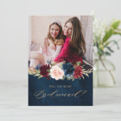 Burgundy Navy Floral Rustic Bridesmaid Voorstel Kaart (Staand voorkant)