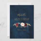 Burgundy Navy Floral Rustic Bridesmaid Voorstel Kaart (Achterkant)