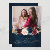 Burgundy Navy Floral Rustic Bridesmaid Voorstel Kaart (Voorkant / Achterkant)