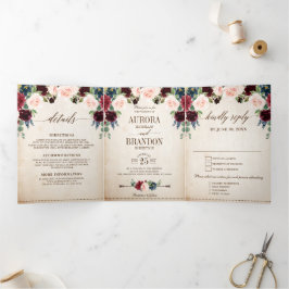 Burgundy Navy Floral Rustic Country Boho Wedding Drieluik Aankondiging