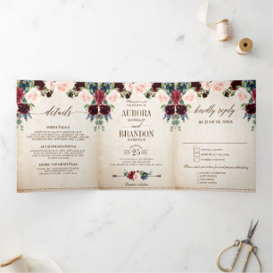 Burgundy Navy Floral Rustic Country Boho Wedding Drieluik Aankondiging