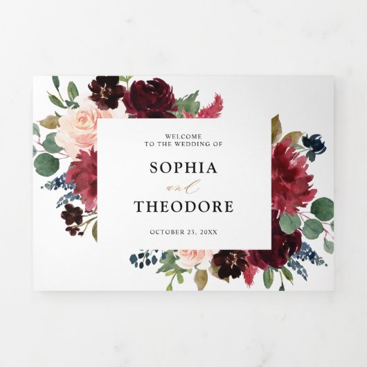 Burgundy Navy Floral Rustic Country Weddenschap Drieluik Aankondiging (Cover)