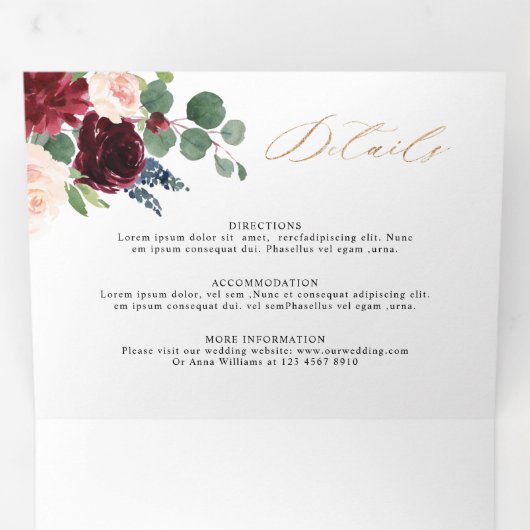 Burgundy Navy Floral Rustic Country Weddenschap Drieluik Aankondiging (Binnenzijde eerst)