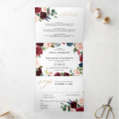 Burgundy Navy Floral Rustic Country Weddenschap Drieluik Aankondiging (Binnen)