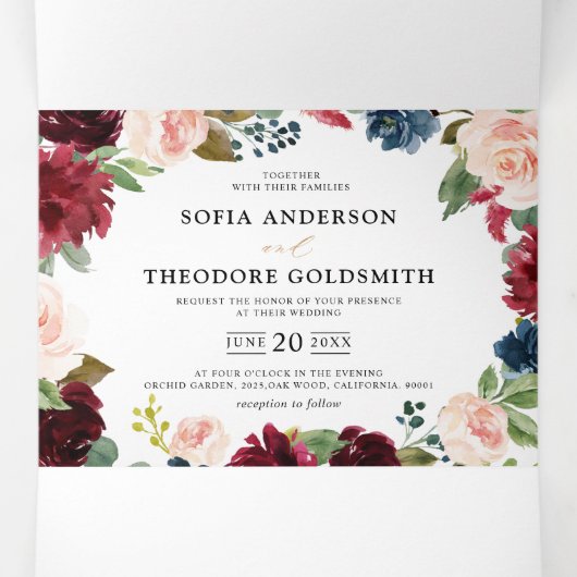 Burgundy Navy Floral Rustic Country Weddenschap Drieluik Aankondiging (Binnenkant midden)