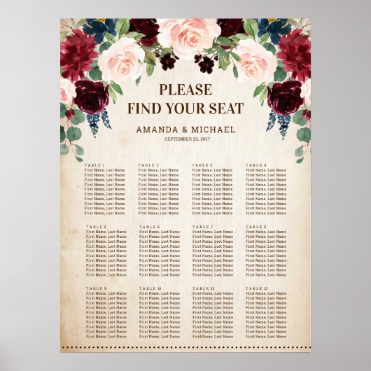 Burgundy Navy Floral Rustic Kaarten en Gifts Poste Poster (Voorkant)