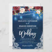 Burgundy Navy Floral Rustic String light Mason Jar Kaart (Voorkant)