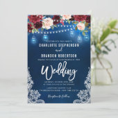 Burgundy Navy Floral Rustic String light Mason Jar Kaart (Staand voorkant)