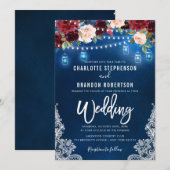 Burgundy Navy Floral Rustic String light Mason Jar Kaart (Voorkant / Achterkant)