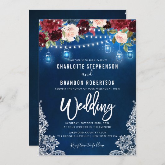 Burgundy Navy Floral Rustic String light Mason Jar Kaart (Voorkant / Achterkant)