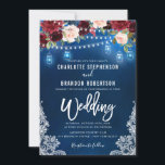 Burgundy Navy Floral Rustic String light Mason Jar Kaart<br><div class="desc">Waterverf bogundy red navy blush roze rustic country classy floral bruiloft call card sjabloon met groene botanische loof en eucalyptus bladeren in marvy string light en mason jar and lace background. Dit prachtige, eenvoudig aan te passen design kan gemakkelijk worden afgestemd op uw trouwkleuren, -stijlen en -thema en het is...</div>