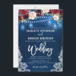 Burgundy Navy Floral Rustic String light Mason Jar Kaart<br><div class="desc">Waterverf bogundy red navy blush roze rustic country classy floral bruiloft call card sjabloon met groene botanische loof en eucalyptus bladeren in marvy string light en mason jar and lace background. Dit prachtige, eenvoudig aan te passen design kan gemakkelijk worden afgestemd op uw trouwkleuren, -stijlen en -thema en het is...</div>