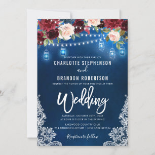 Burgundy Navy Floral Rustic String light Mason Jar Kaart