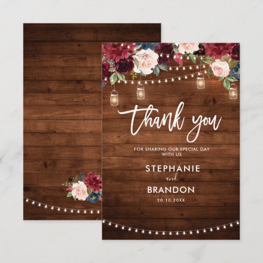 Burgundy Navy Floral Rustic String Light Wedding Bedankkaart (Voorkant / Achterkant)