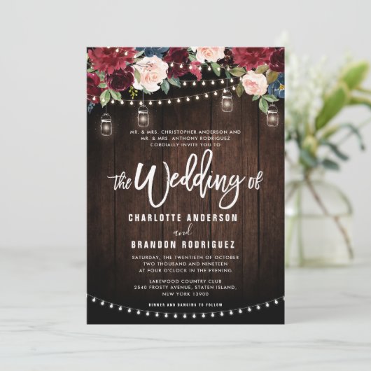 Burgundy Navy Floral Rustic String Light Wedding Kaart (Staand voorkant)
